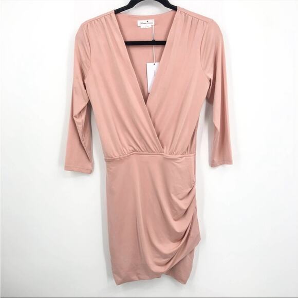 Lovers And Friends Happy Faux Wrap 3/4 Sleeves V-Neckline Ruched Mini Dress NEW
